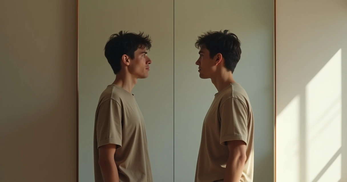 Pessoa refletindo diante do espelho com expressão calma de autoconhecimento 