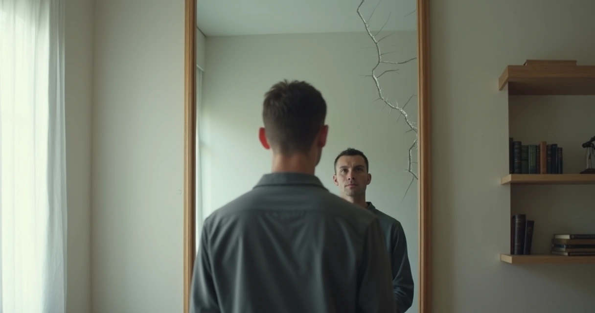 Pessoa diante de espelho metade nítida metade distorcida 