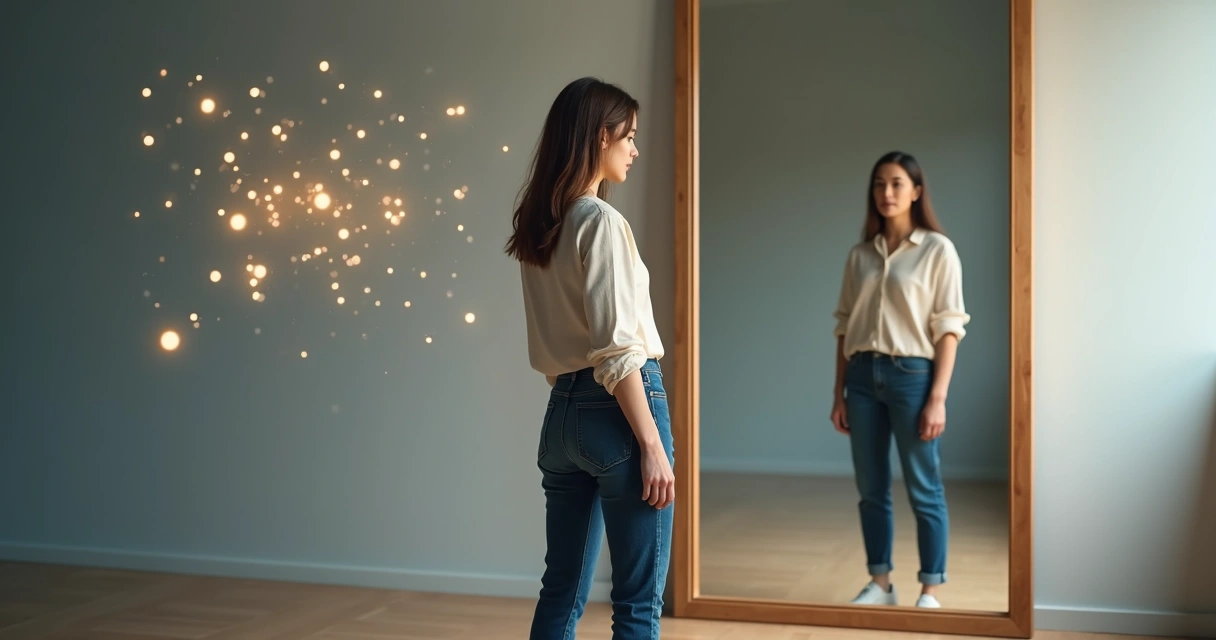 Pessoa diante de espelho dividido entre aparência e profundidade interior 