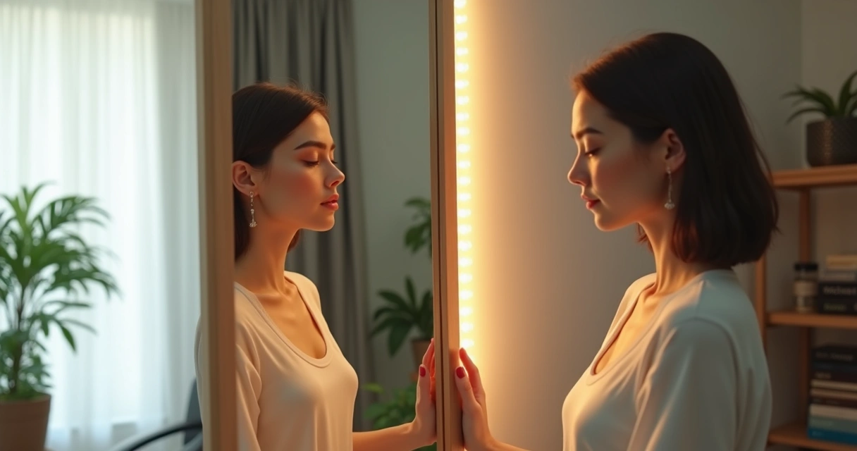 Pessoa diante do espelho vendo duas versões de si mesma, uma superficial e outra profunda 