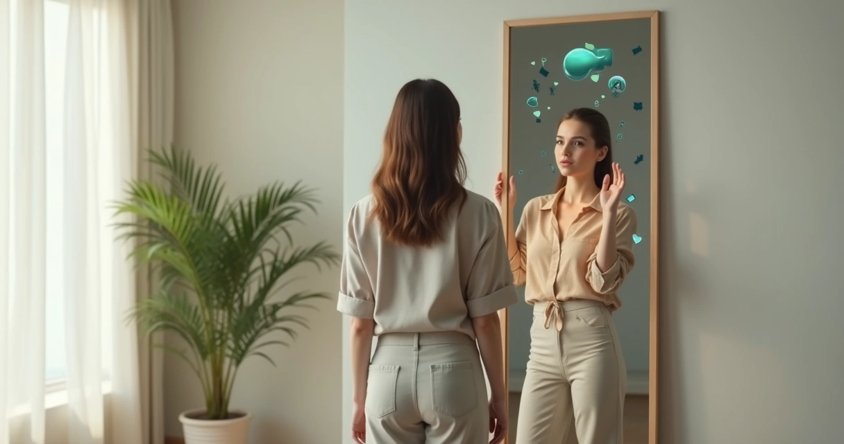 Mulher diante de espelho dividido entre aparência e reflexão interna 