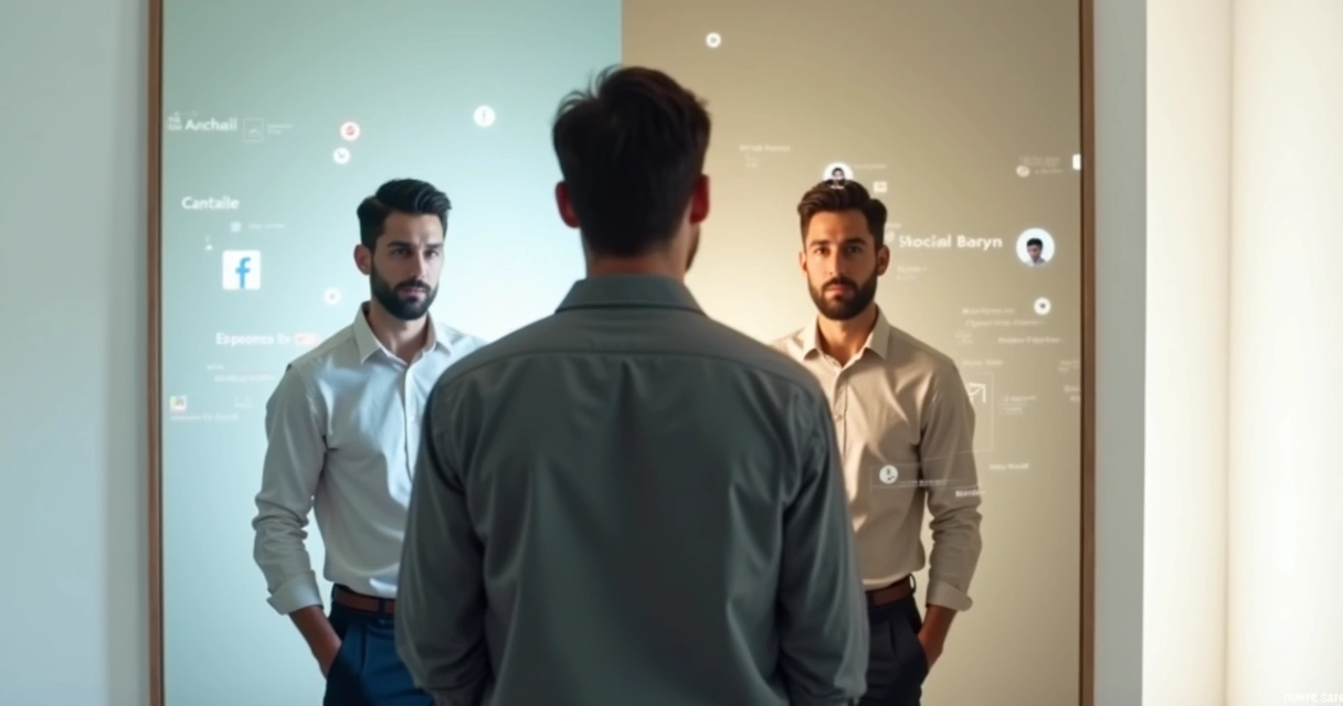 Homem diante de espelho dividido entre imagem social e autoconhecimento interior 