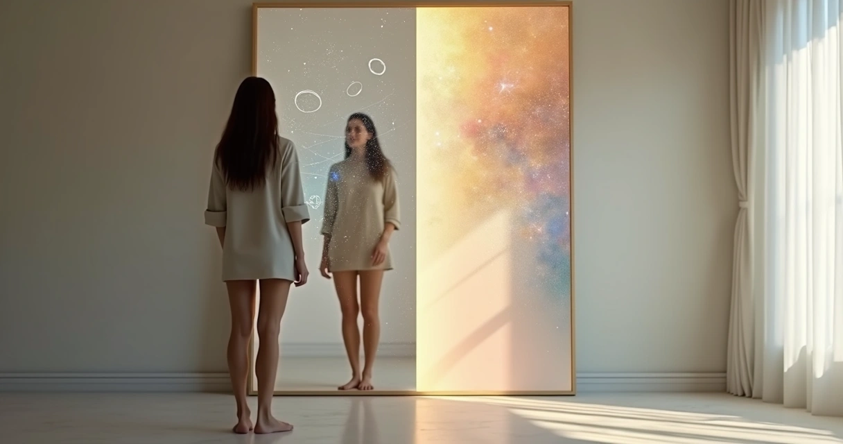 Pessoa diante de espelho com reflexo dividido entre autoconhecimento e autopercepção 