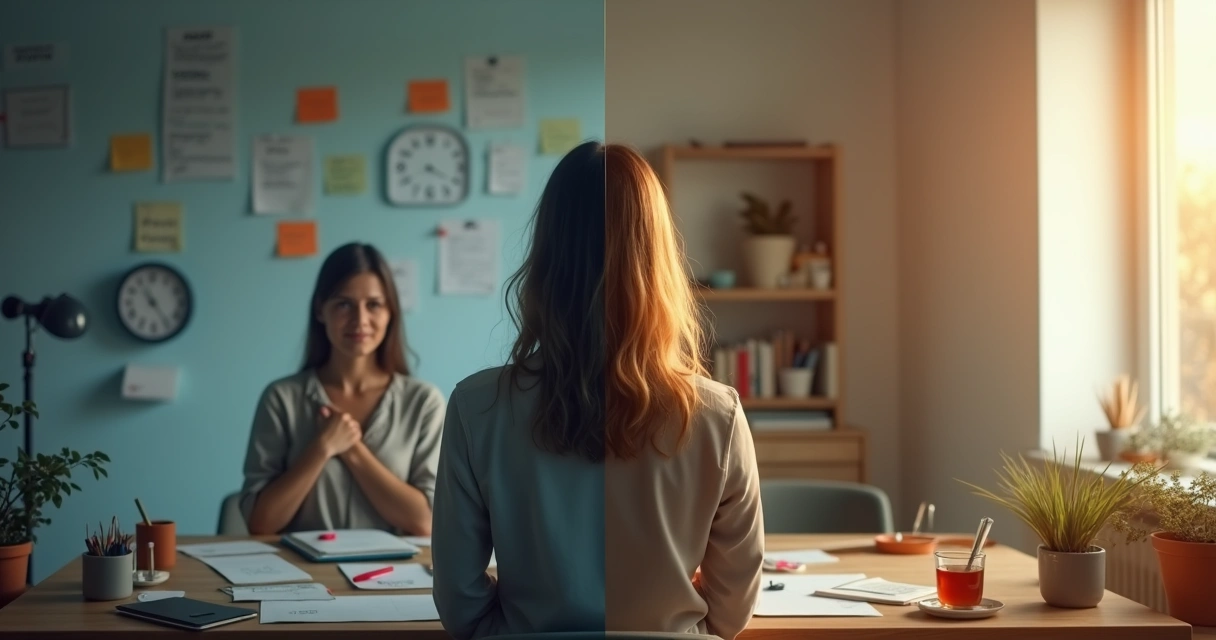 Persona reflexionando frente a un espejo dividido entre autoexigencia y calma interior 
