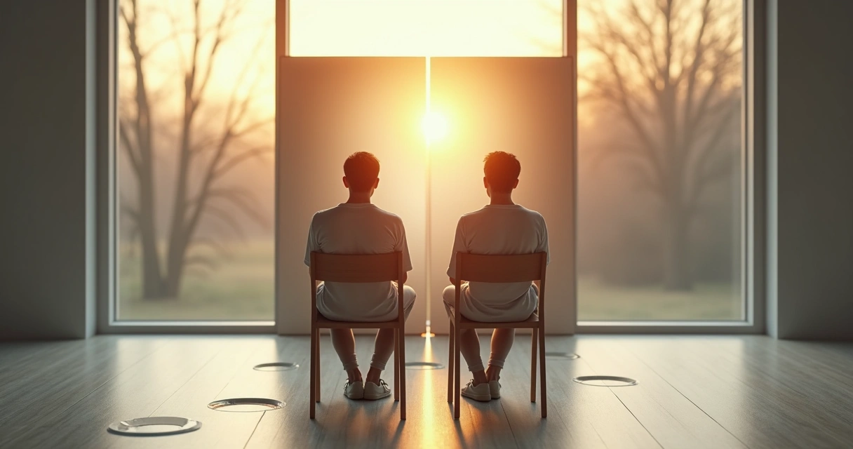 Persona reflexionando frente a su reflejo dividido en un entorno tranquilo 