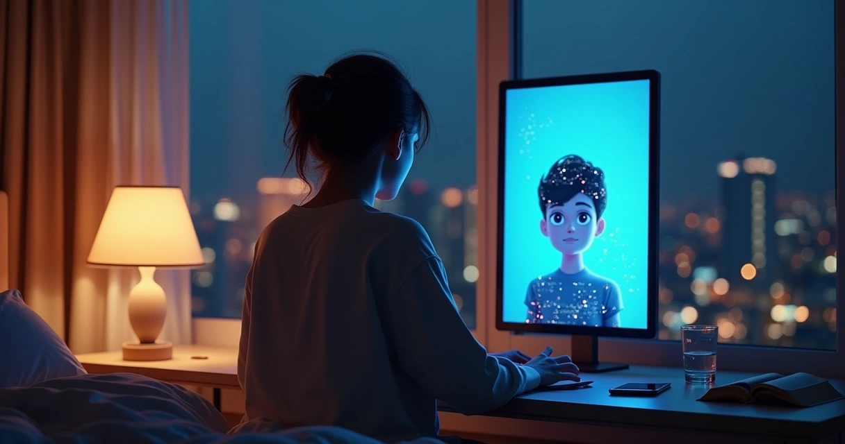 Persona mirando una pantalla reflejada como versión digital de sí misma 