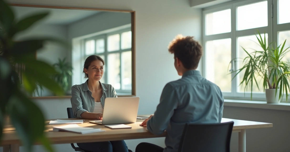 Persona observando su reflejo en un espejo de oficina 