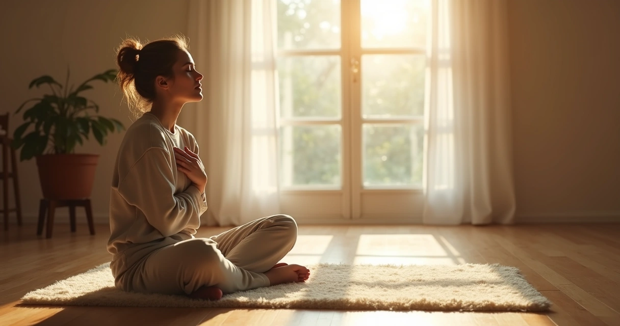 Persona sentada con los ojos cerrados, tocándose el pecho con la mano. 