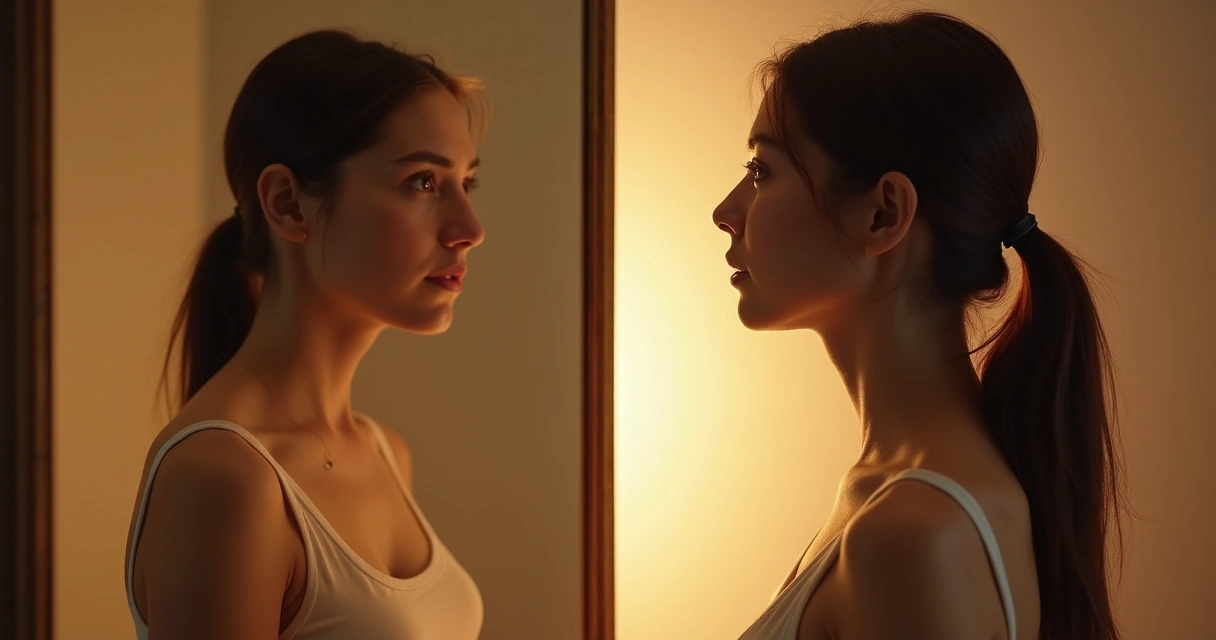 Persona mirando al espejo con expresiones alternas de duda y comprensión, reflejando introspección. 