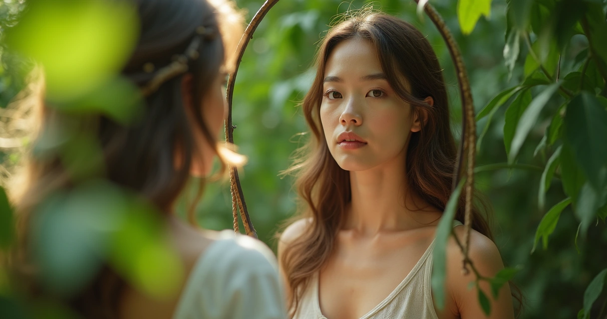 Persona reflexionando frente a un espejo en un entorno natural 