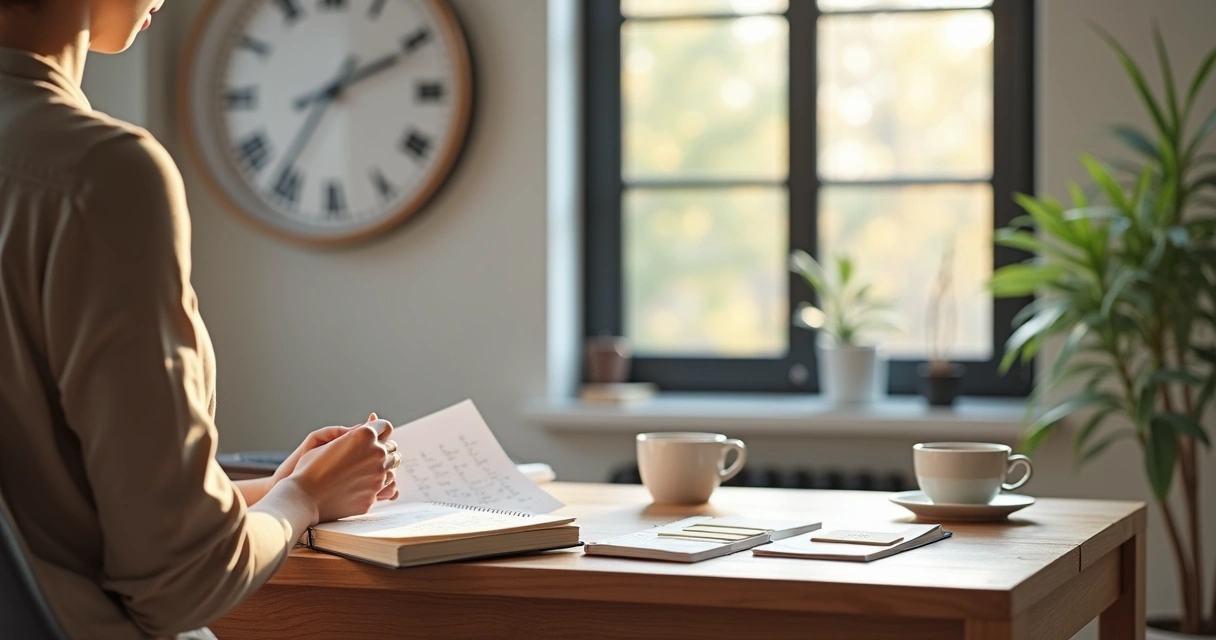 Persona reflexionando frente a un reloj grande organizando su tiempo con claridad interior 