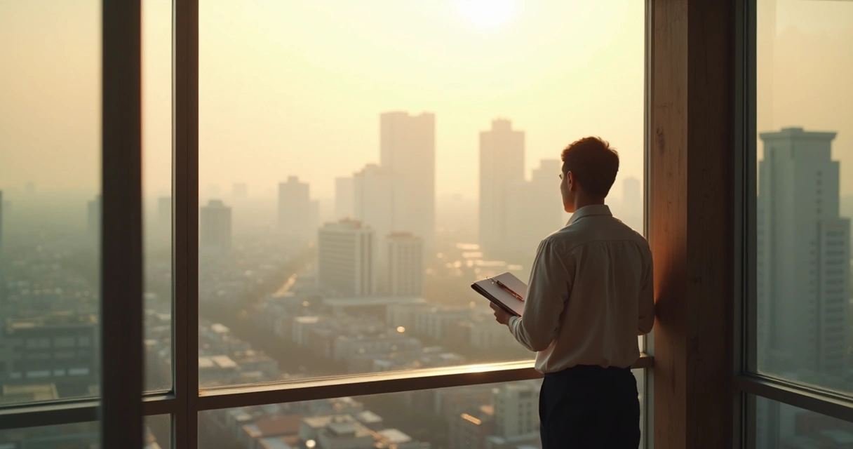 Persona reflexiona frente a ventana grande con libreta en manos. 