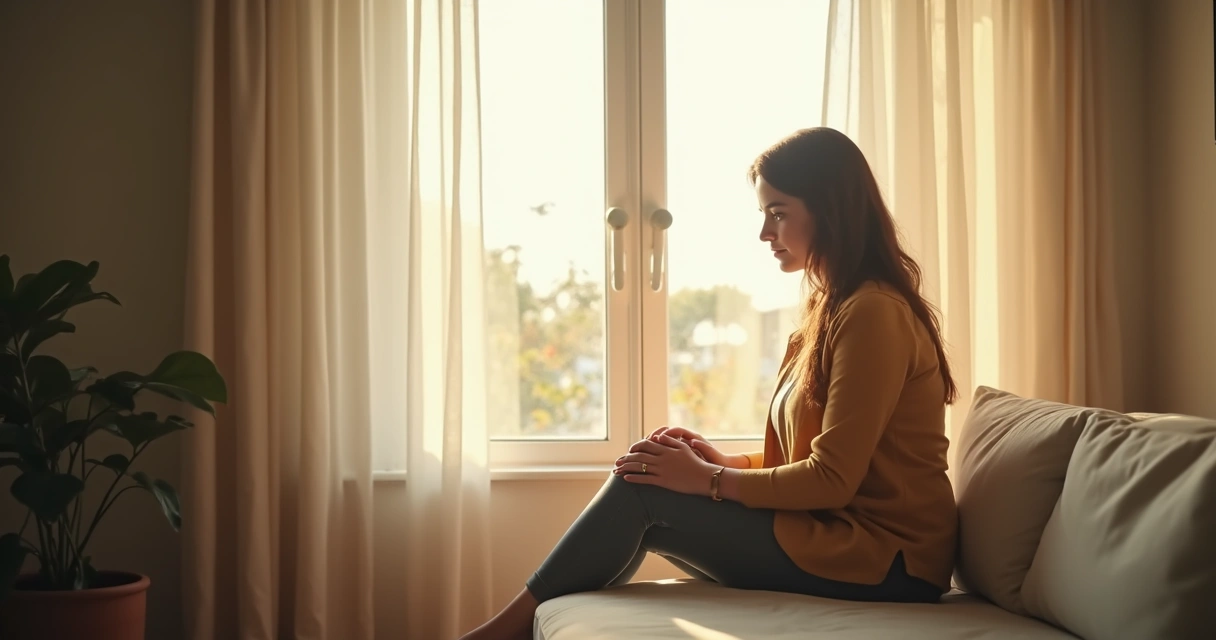 Persona reflexionando frente a una ventana, con luz suave 