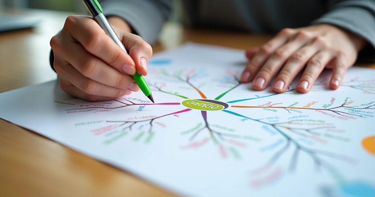 Persona dibujando mapa mental con colores sobre papel blanco