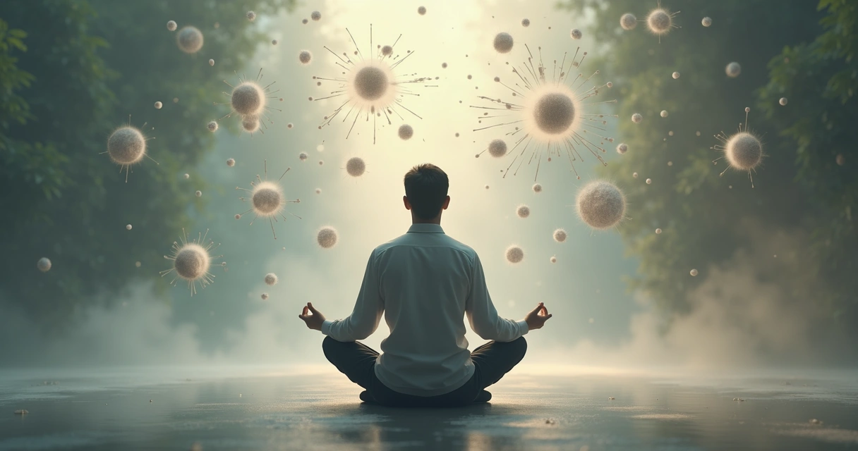 Persona en postura de meditación rodeada de elementos que simbolizan autoconocimiento 