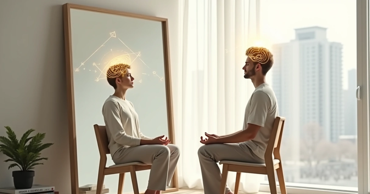 Persona reflexionando frente a un espejo con símbolos de mente y conciencia 