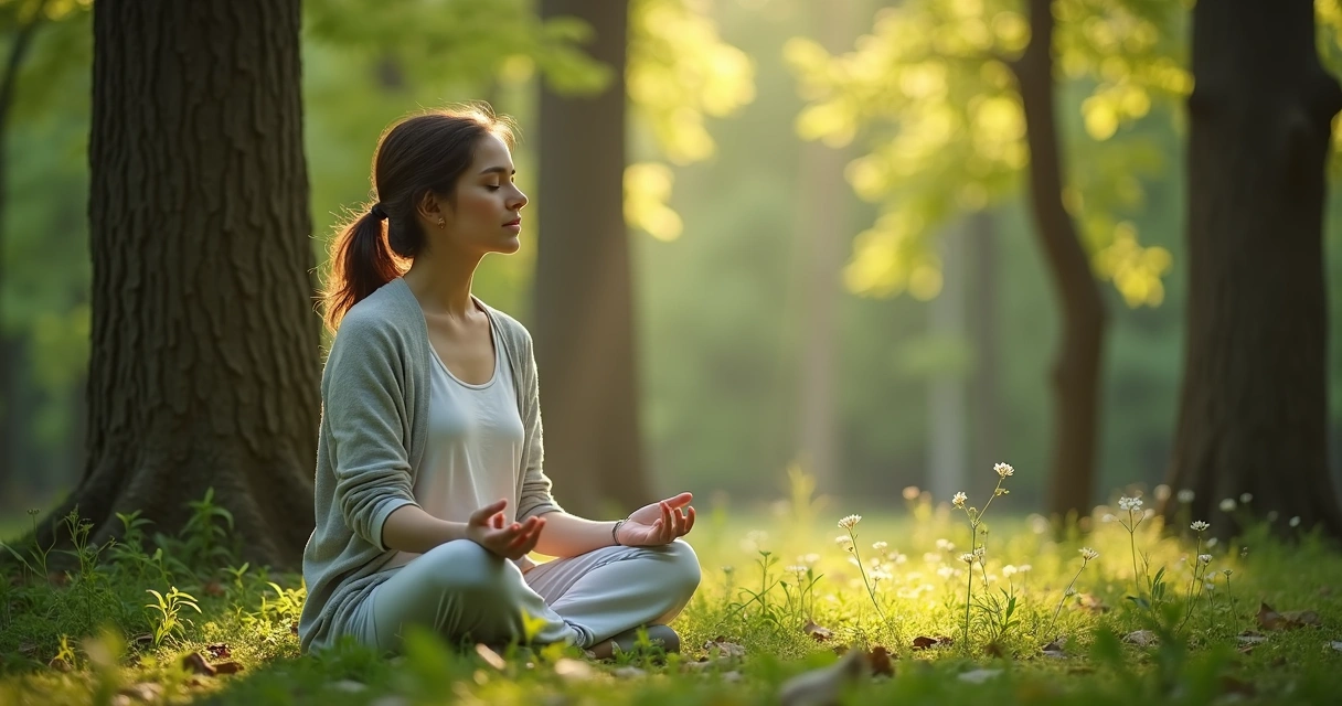 Mujer sentada en calma, rodeada de naturaleza, reflexionando en soledad 
