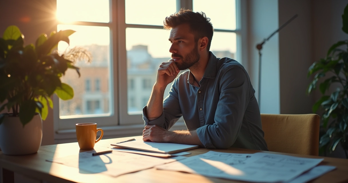Persona reflexionando sobre su camino profesional sentado frente a una ventana con luz suave. 