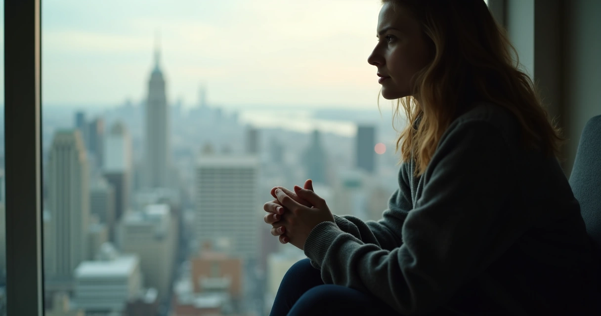 Persona reflexionando sentada junto a una ventana 