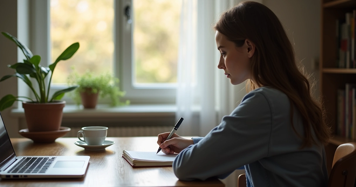 Persona escribiendo en un diario en un ambiente tranquilo 