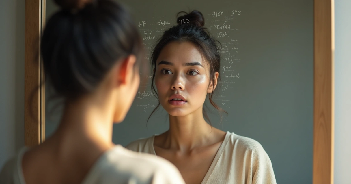 Rostro dividido entre calma y autocrítica frente a un espejo 