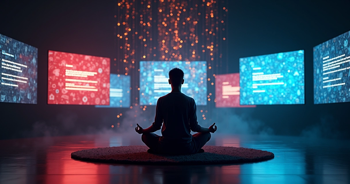Pessoa em frente a várias telas digitais caóticas meditando em silêncio 