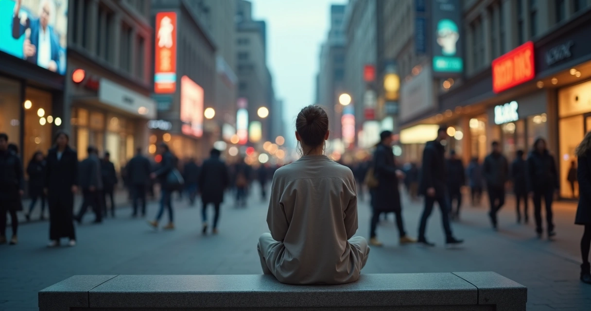 Pessoa centrada em meio a ambiente urbano hostil e desfocado 