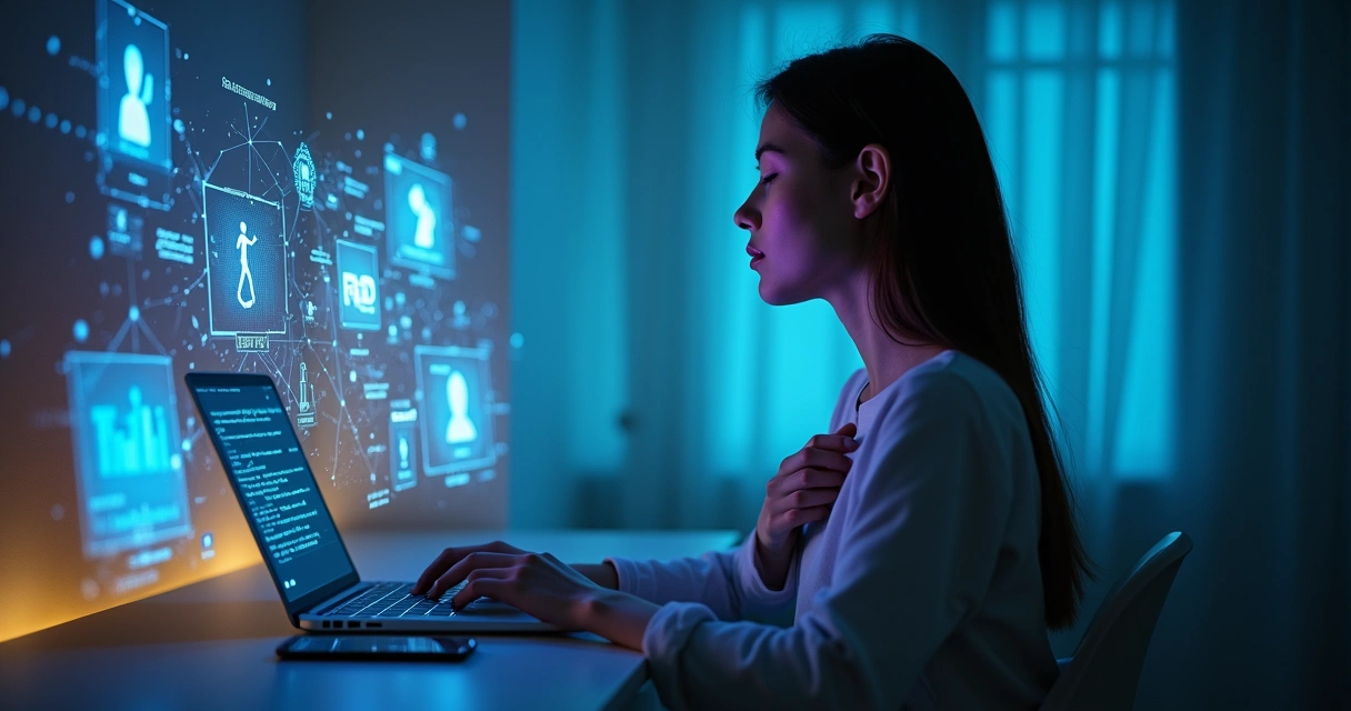 Pessoa em frente a várias telas digitais mantendo expressão serena e consciente 