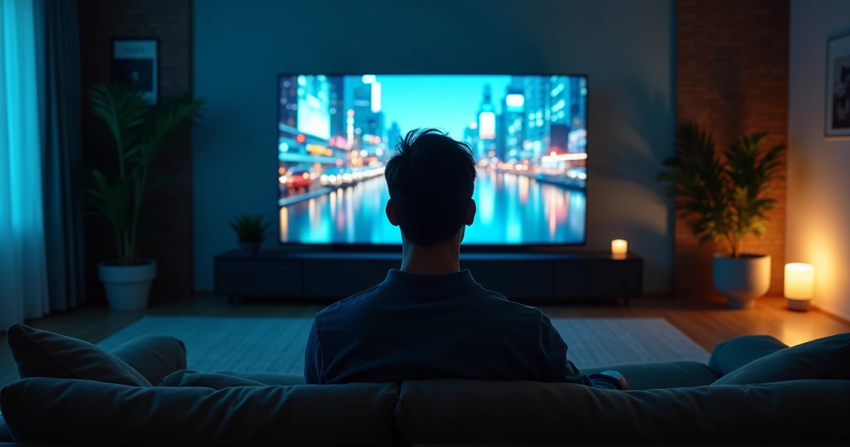 Pessoa observando refletida em tela de televisão com sala meio iluminada e meio na sombra 