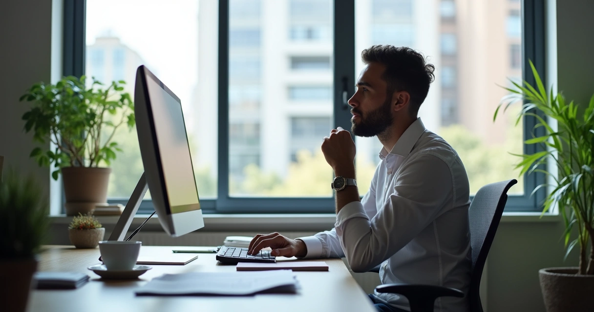 Profissional sentado em mesa de trabalho atento e reflexivo olhando para tela de computador