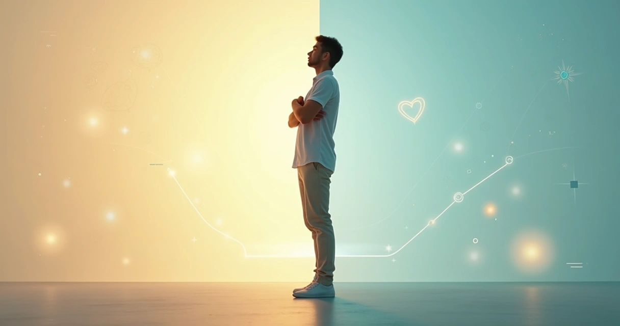 Pessoa em equilíbrio em cima de linha dividida entre autoconsciência e autocontrole 