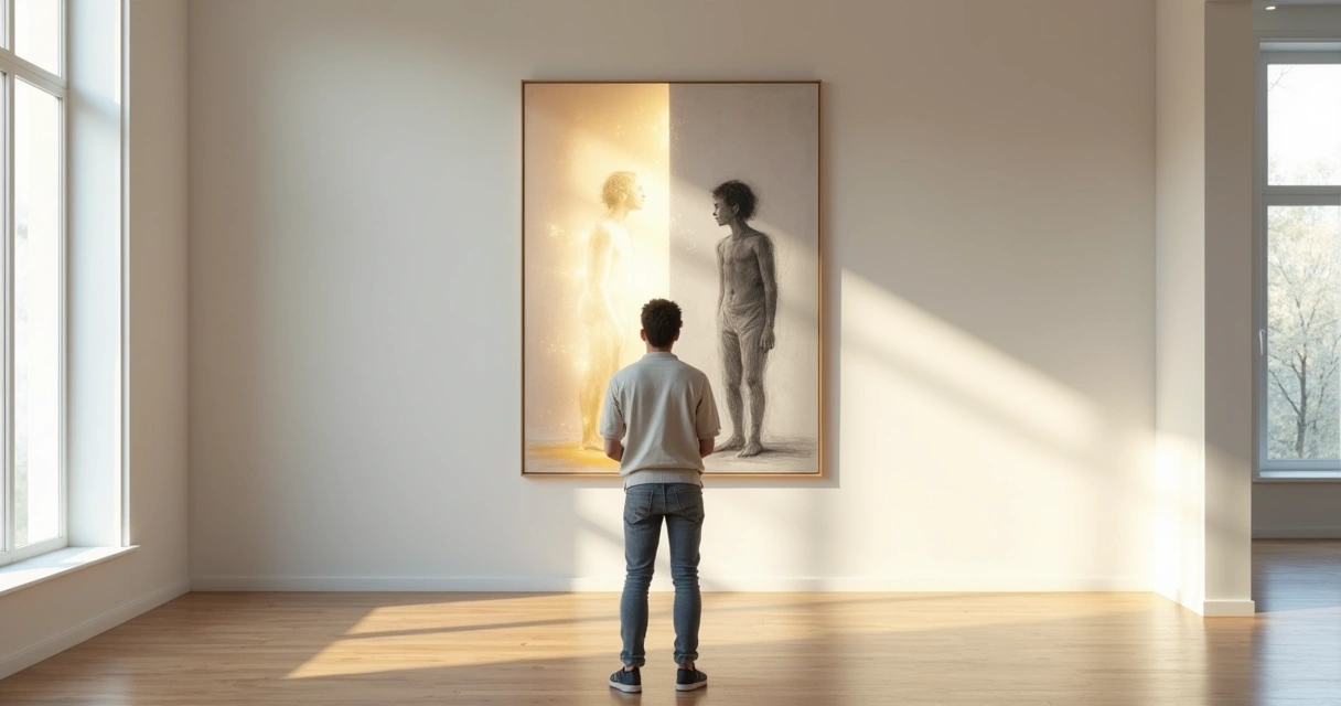 Pessoa diante de quadro dividido entre silhueta clara e figura inteira observando-se 