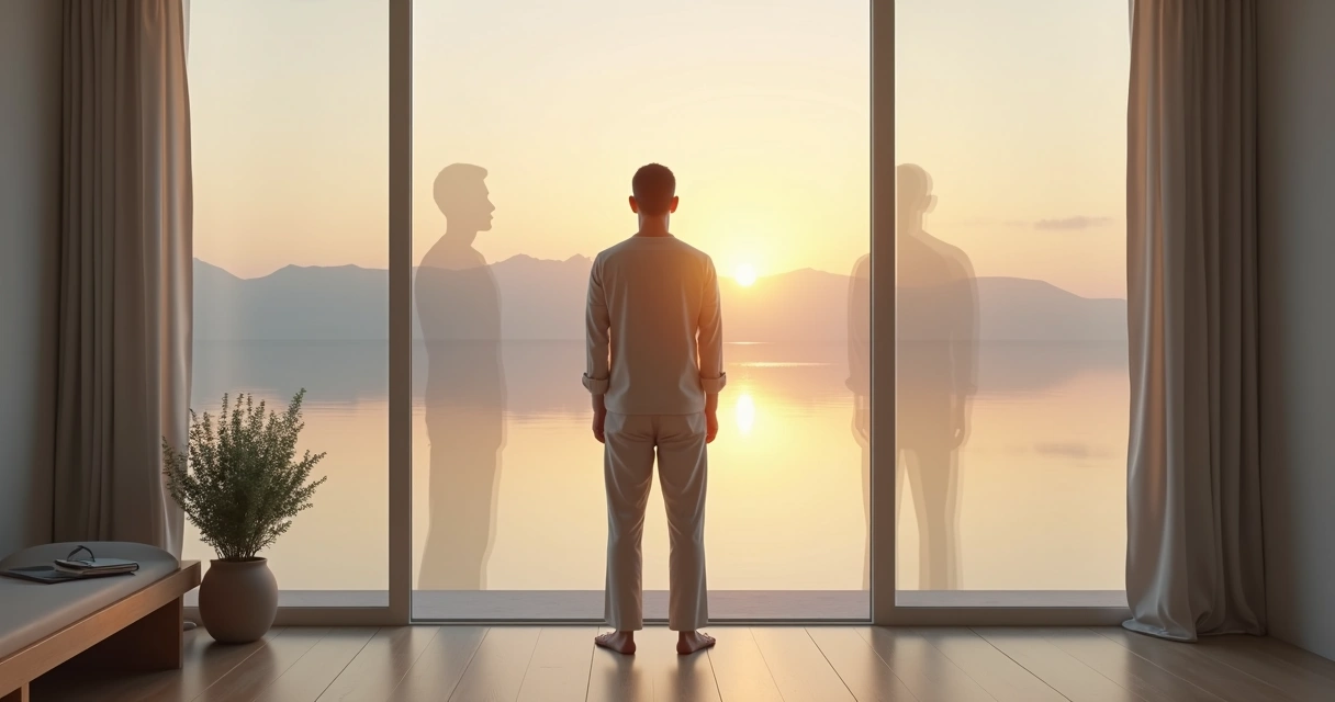 Pessoa em frente ao espelho com reflexo transparente e paisagem dividida simbolizando mente observadora 