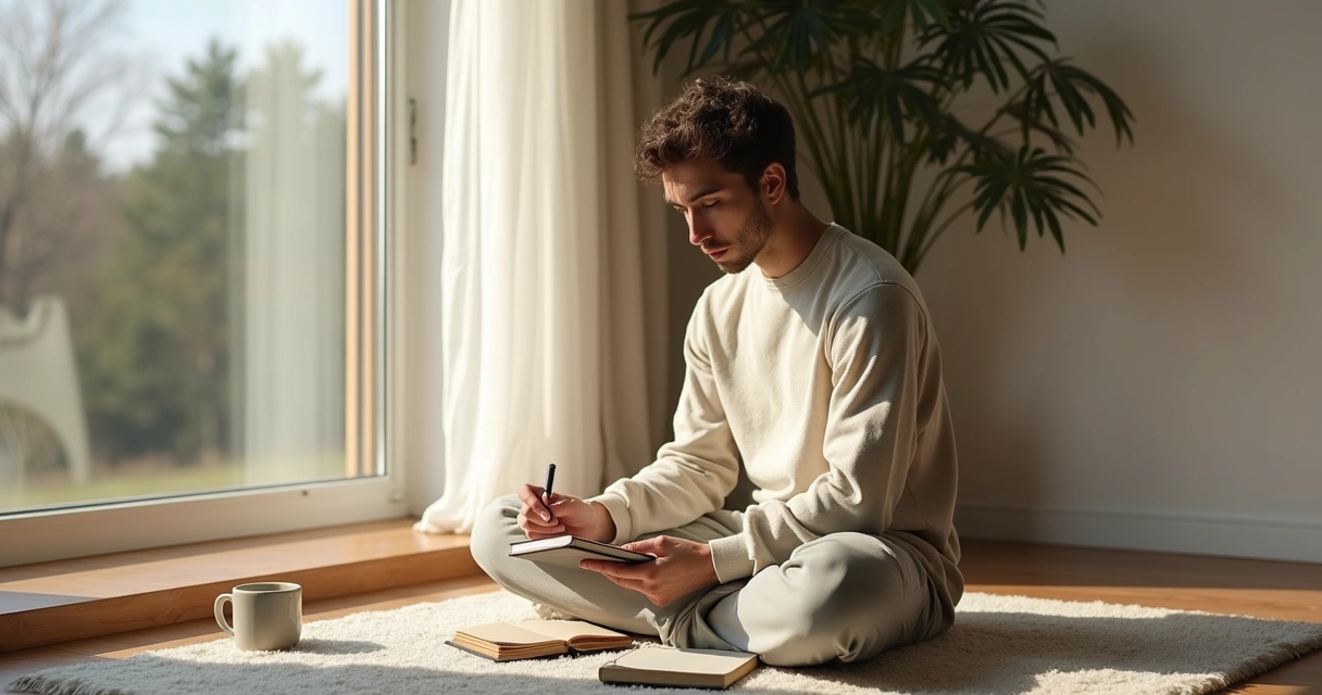 Pessoa sentada perto da janela refletindo e escrevendo em um caderno 
