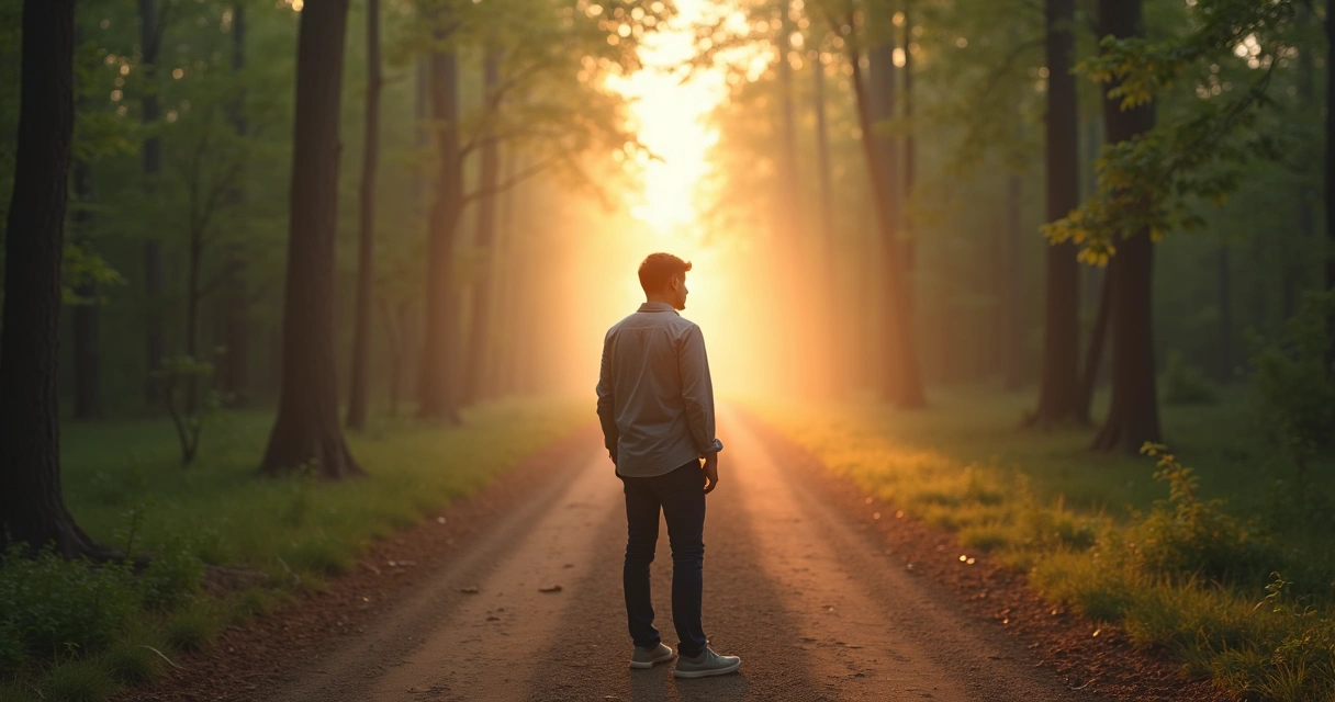 Pessoa refletindo diante de duas escolhas em um caminho na natureza 