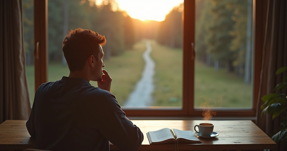 Pessoa refletindo diante de duas opções de caminho em ambiente sereno 