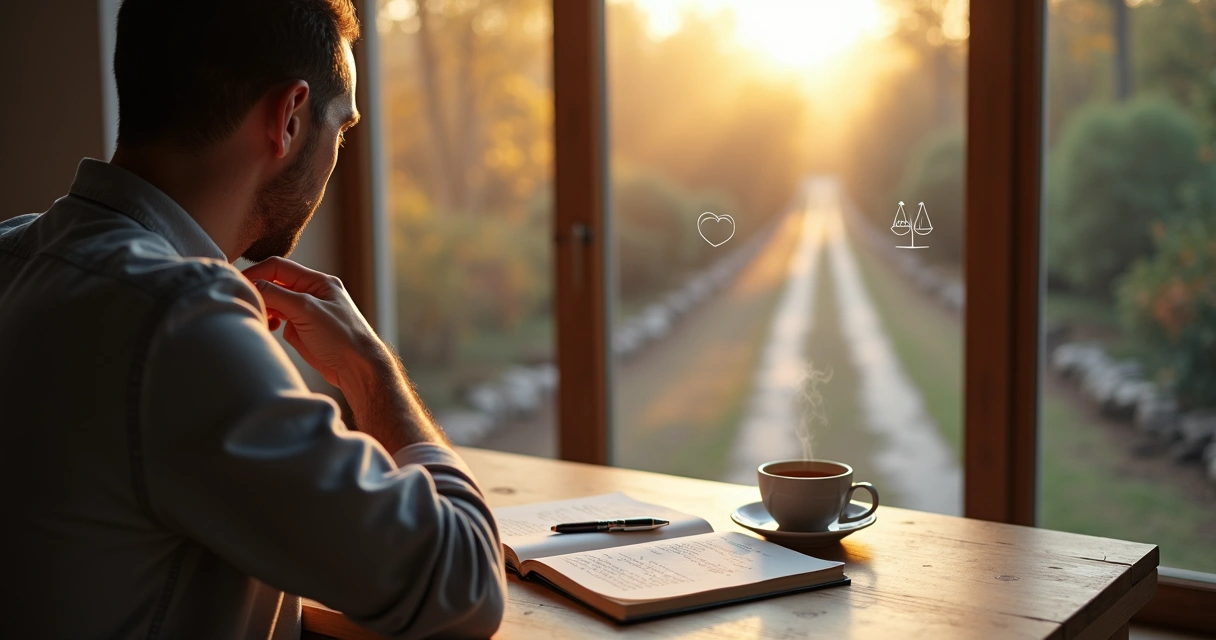 Pessoa refletindo diante de encruzilhada com símbolos de escolhas éticas 