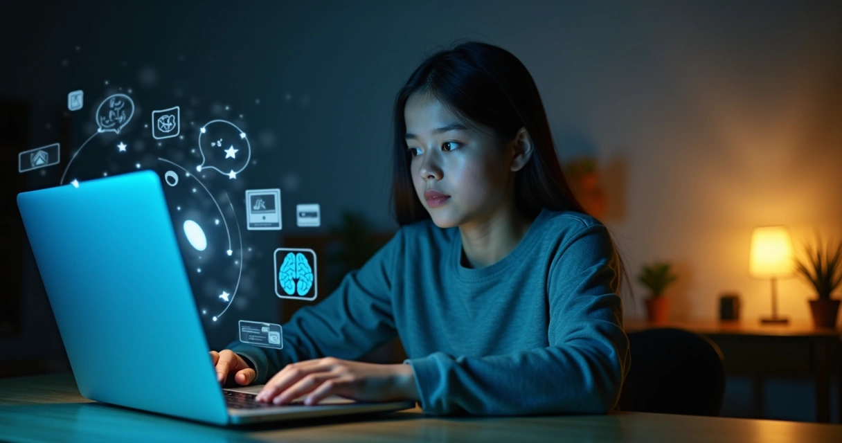 Pessoa em frente ao notebook com metade do rosto iluminada pela tela e metade em reflexão consciente 