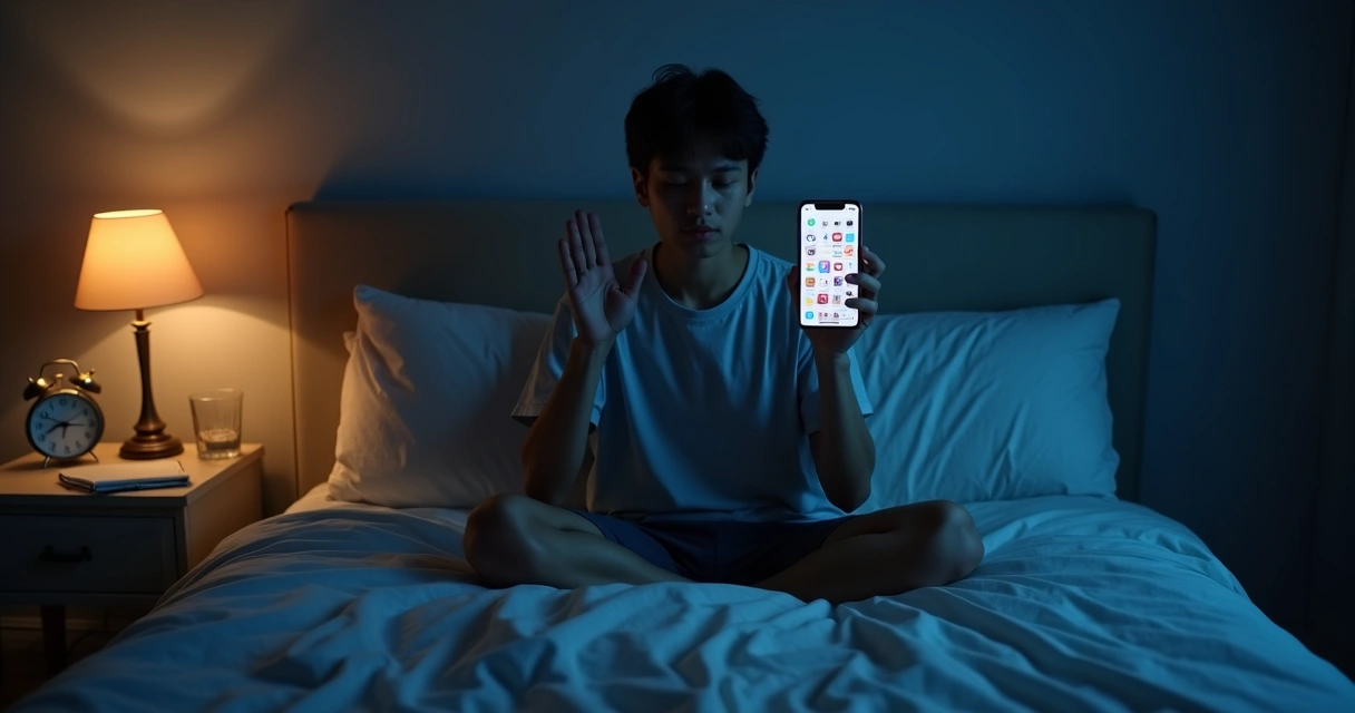 Jovem em quarto escuro equilibrando celular e pausa consciente diante da tela 