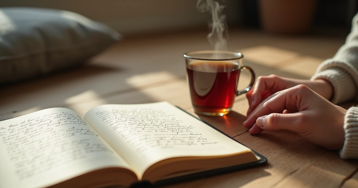 Caderno, chá e pessoa refletindo após meditação