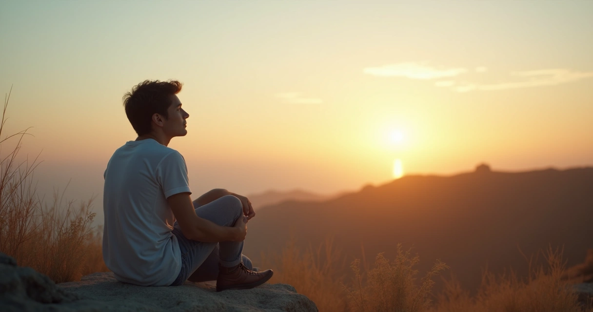 Pessoa sentada olhando o horizonte, com expressão pensativa 