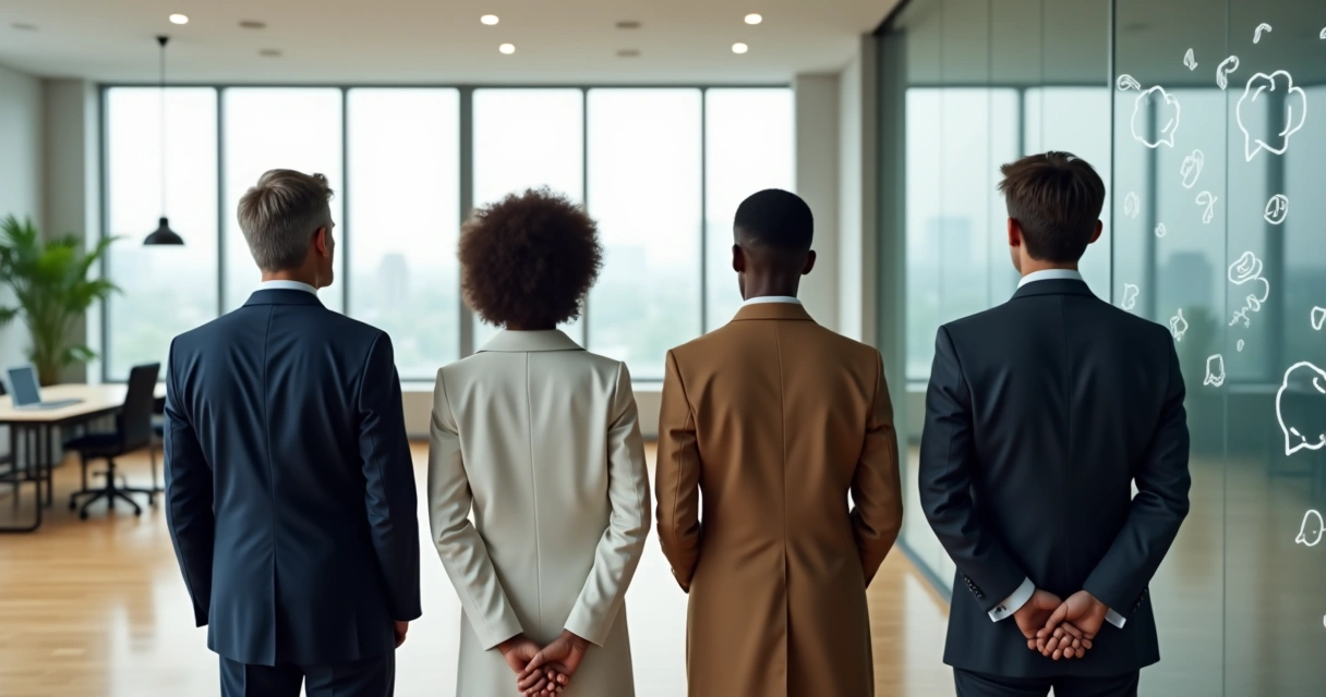 Equipe de negócios observando reflexos em parede de vidro de uma sala moderna 
