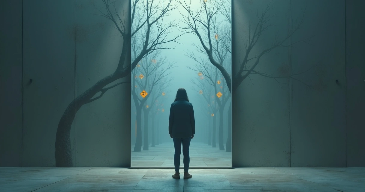 Pessoa olhando para um espelho, refletindo vários caminhos e possibilidades ao fundo