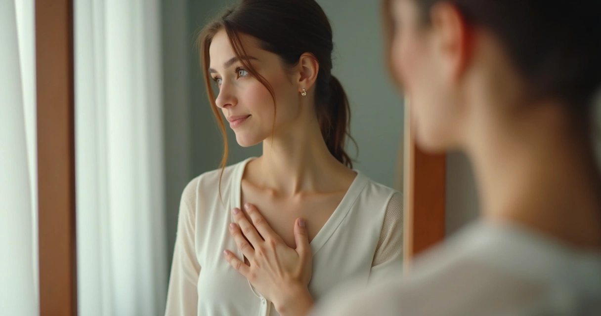 Reflexo no espelho de pessoa analisando si mesma 