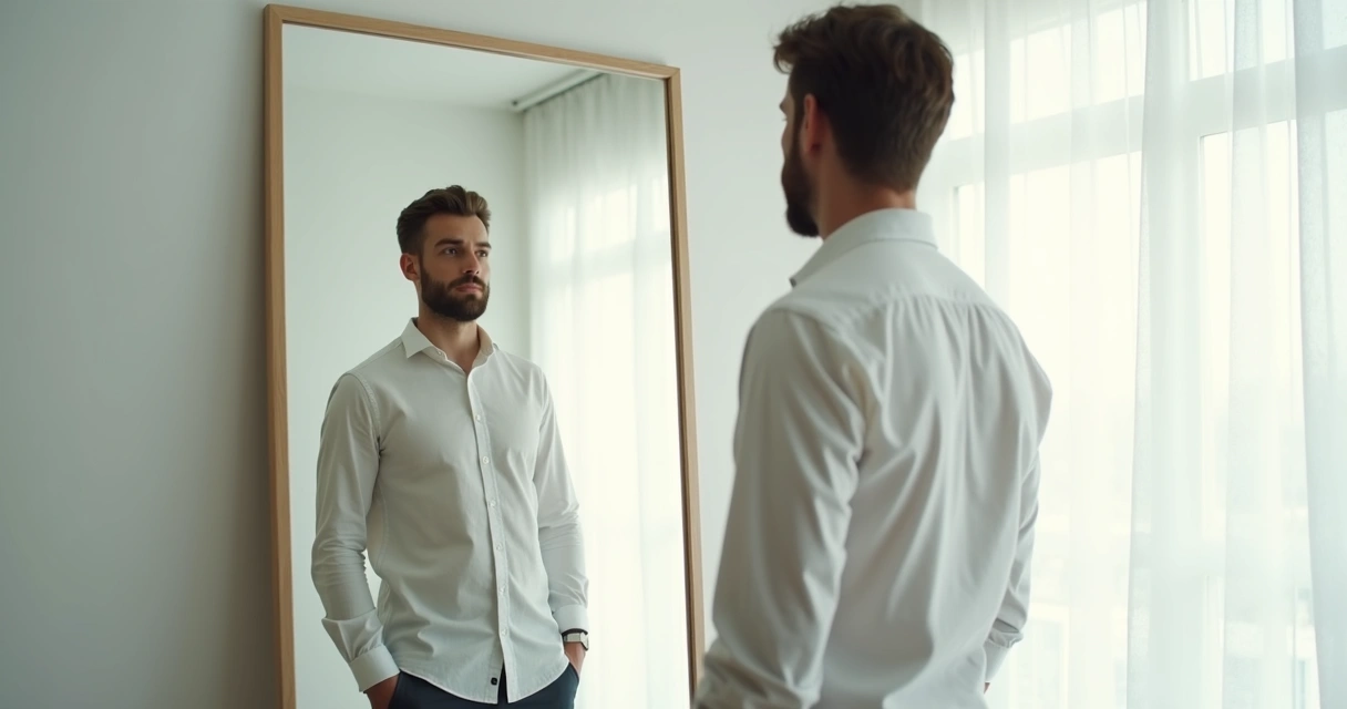 Homem olhando para si mesmo em espelho grande enquanto pensa, ambiente claro