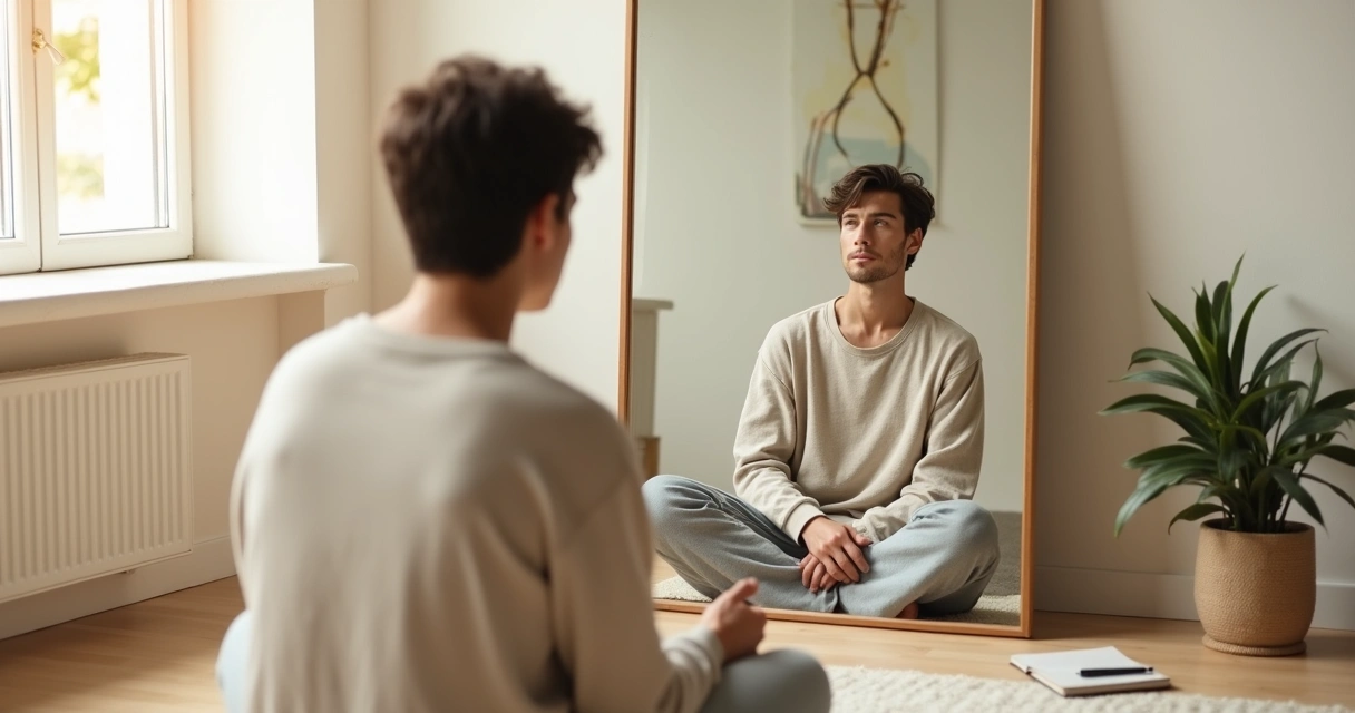Pessoa meditando em frente a espelho com reflexo iluminado simbolizando evolução emocional 