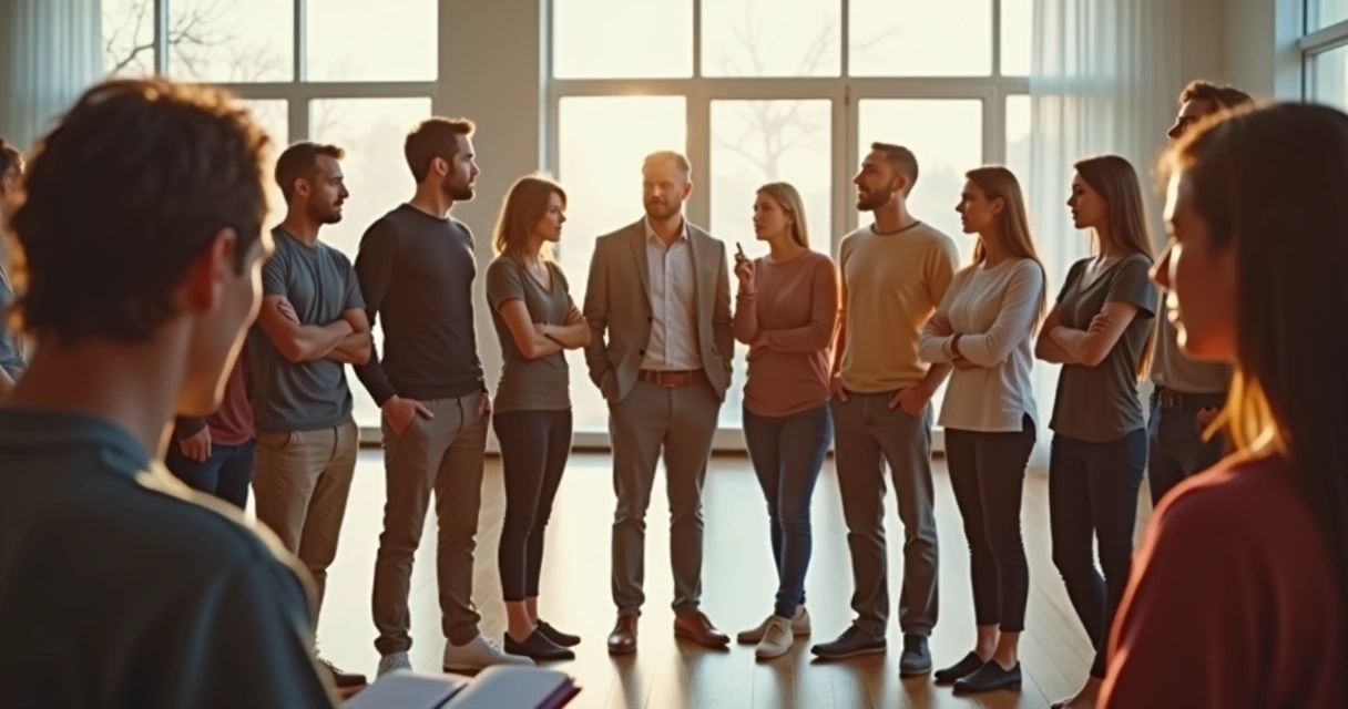 Grupo de pessoas em círculo refletindo em diferentes posturas, representando autoconsciência e evolução 