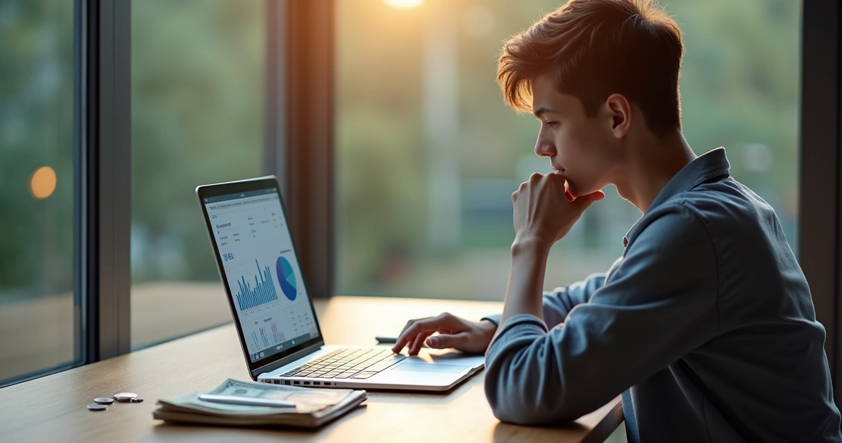 Pessoa analisando finanças com reflexo de si mesma em vidro 