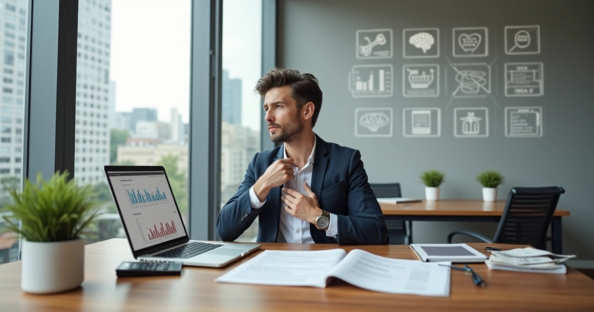 Profissional analisando finanças pessoais e carreira em ambiente de escritório moderno 