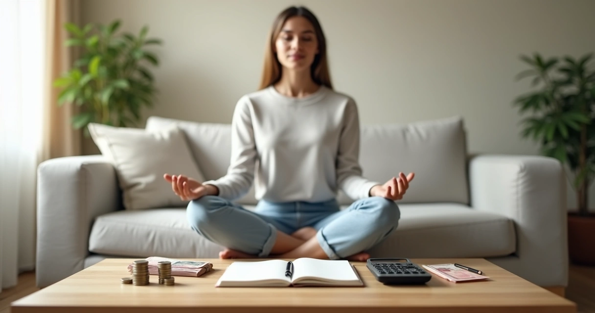 Pessoa sentada em meditação diante de mesa com caderno e dinheiro organizado 